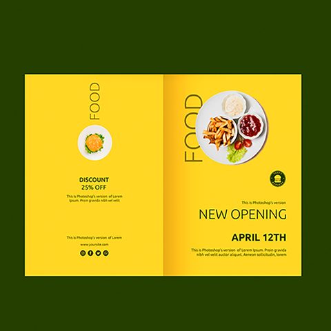 A yellow folded brochure for a restaurant opening