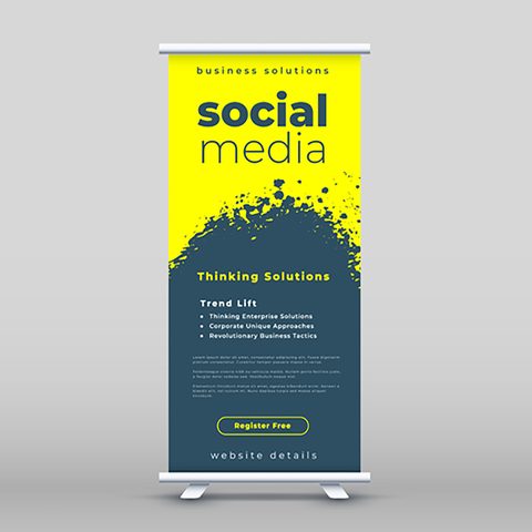 A roll-up banner stand printed with a social media design