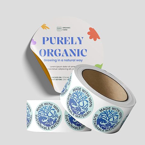 A roll of round printed product stickers